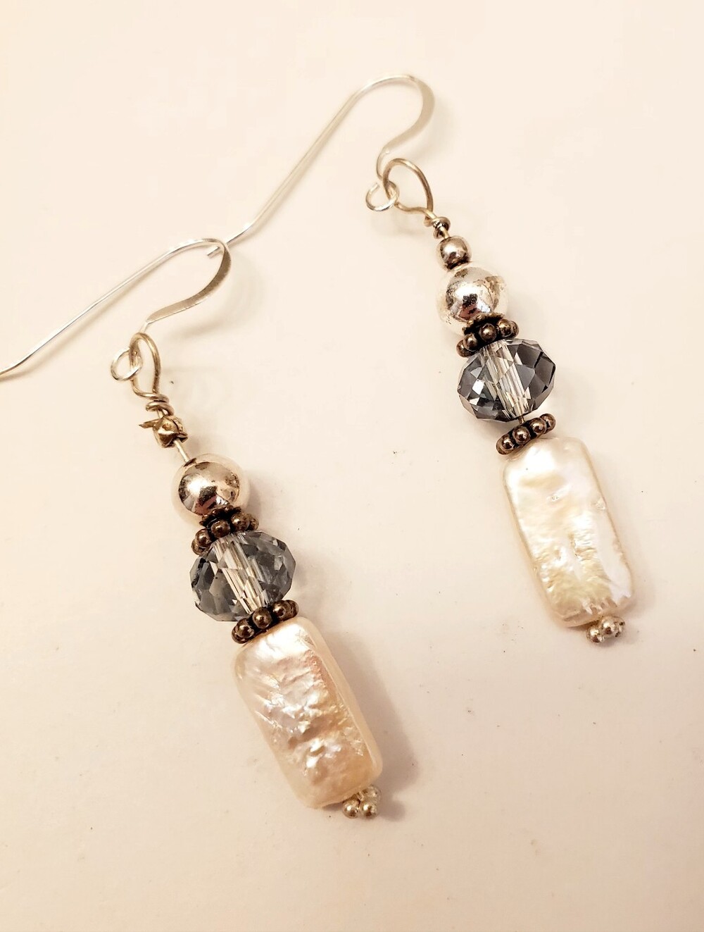 Pearl and Gray Crystal Drop Earrings - Handmade, Sterling Hooks